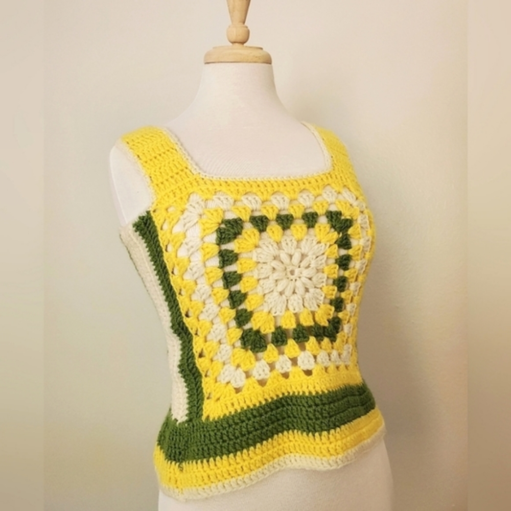 Vintage crochet knit tank top floral wool yellow VTG 70s cottagecore boho small - Picture 2 of 11